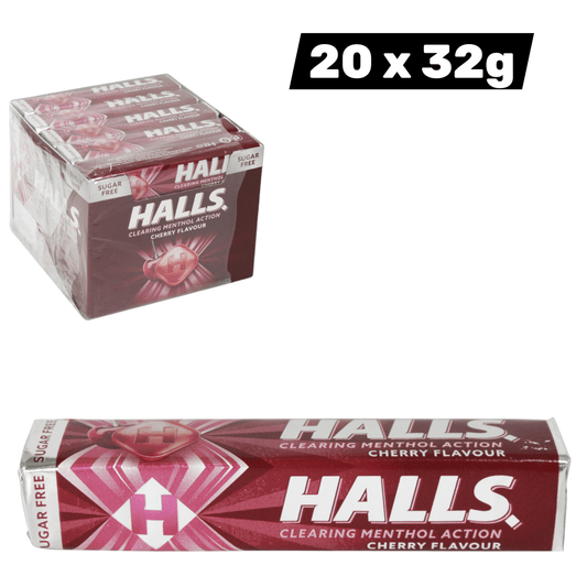 Halls Cherry Sugar Free Menthol Sweets, Clearing Menthol Action, Long-Lasting Freshness, 20 x 32g Pack