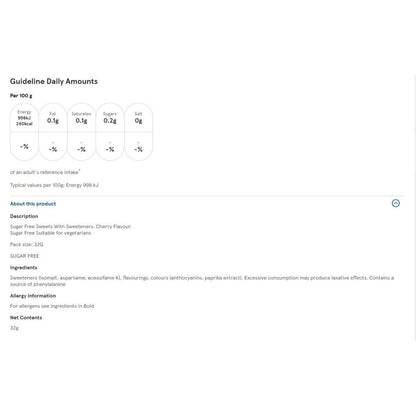 Halls Cherry Sugar Free Menthol Sweets, Clearing Menthol Action, Long-Lasting Freshness, 20 x 32g Pack