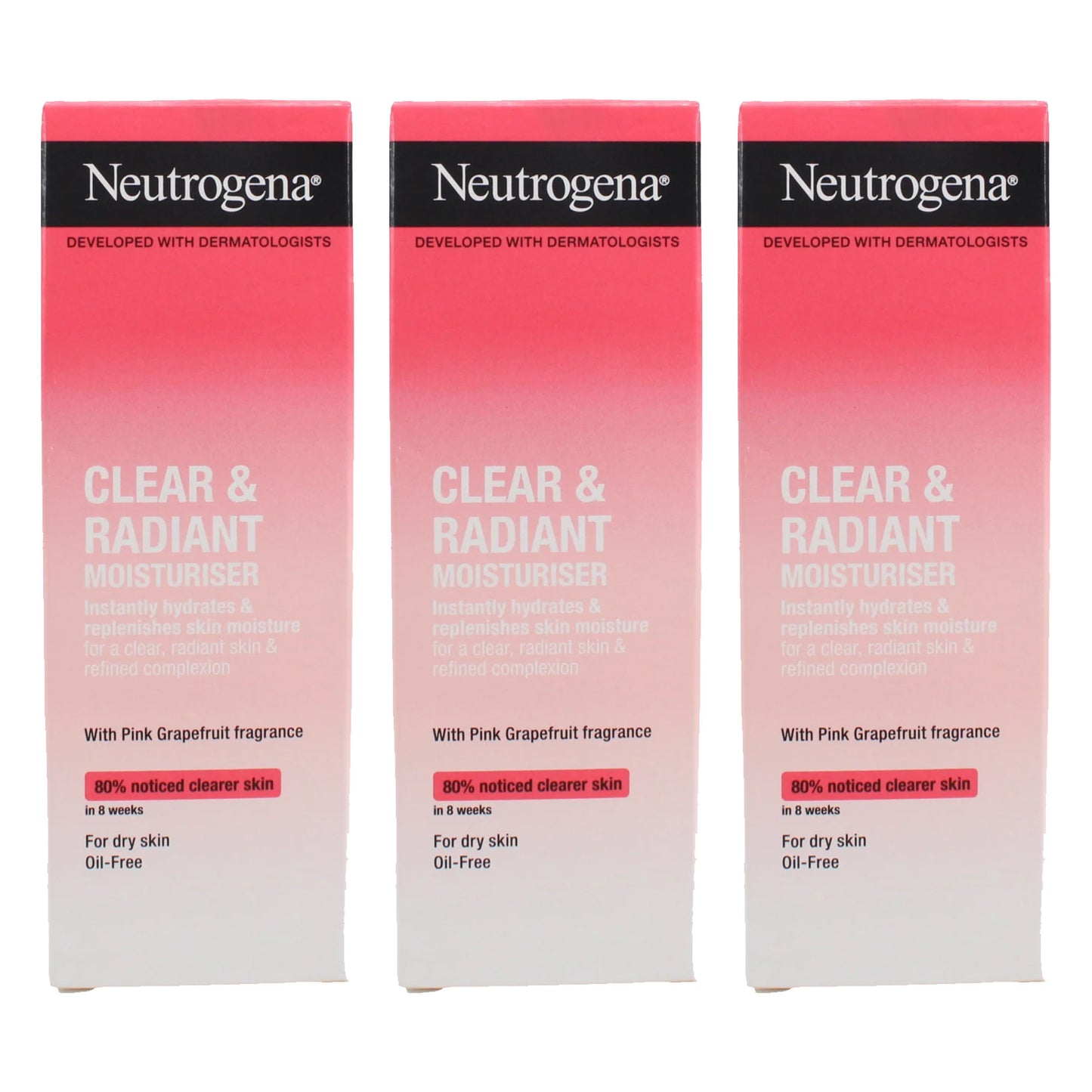 Neutrogena Clear & Radiant Moisturiser with Pink Grapefruit, Hydrating Oil-Free Face Cream for Dry Skin, 50ml x 3 Pack