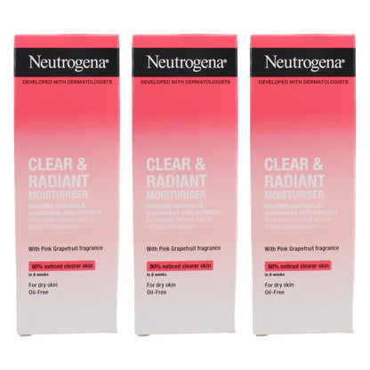 Neutrogena Clear & Radiant Moisturiser with Pink Grapefruit, Hydrating Oil-Free Face Cream for Dry Skin, 50ml x 3 Pack