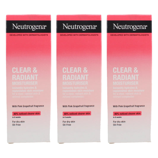 Neutrogena Clear & Radiant Moisturiser with Pink Grapefruit, Hydrating Oil-Free Face Cream for Dry Skin, 50ml x 3 Pack